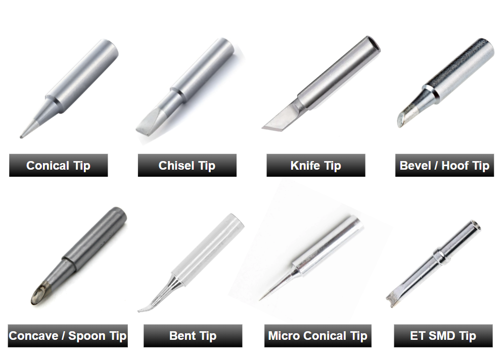 Lineup of different soldering iron tip shapes and sizes